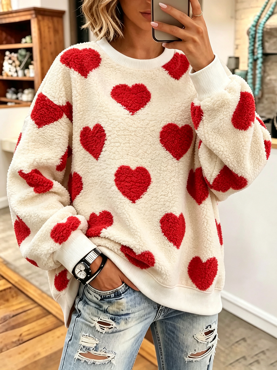 Cozy Stylish Plush Heart-print Oversized Sweatshirt