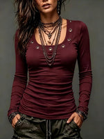 Women's Long Sleeve Ruched Top With Eyelet Neckline