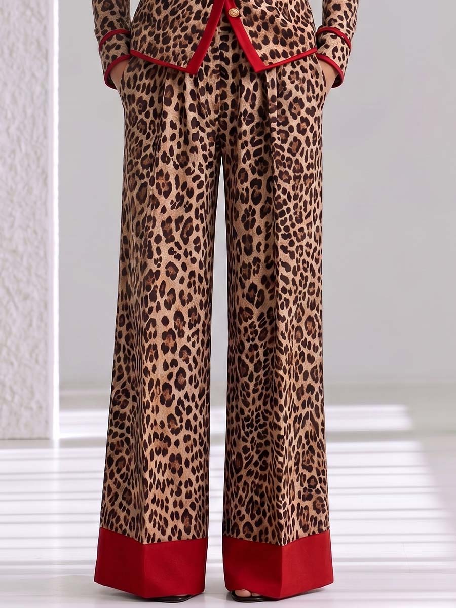 Women's Leopard Print High-waisted Casual Loose Color-blocked Wide-leg Pants