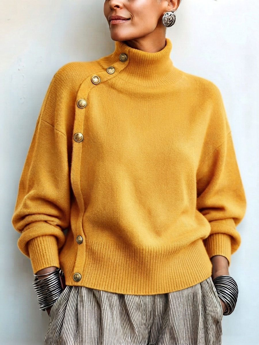 Chic Elegant Asymmetrical Button Turtleneck Sweater
