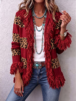 Boho Burgundy Leopard Fringe Cardigan