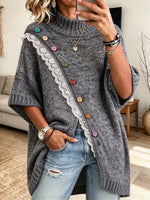 Chic Long-line Knit Top With Lace Trim And Multi-button Detailing (multicolor)