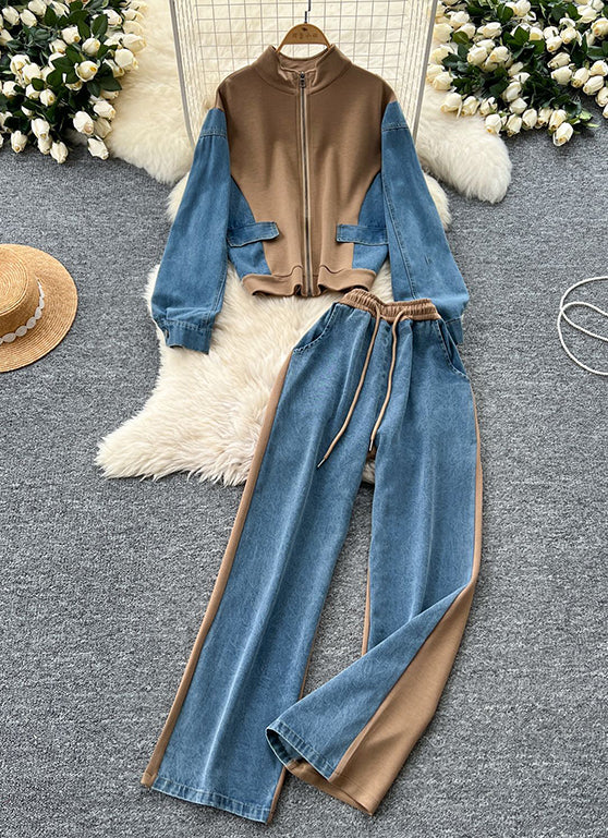 Two-piece Set Featuring A Zip-up Jacket With A Knit-and-denim Panel Design And Matching Jeans.