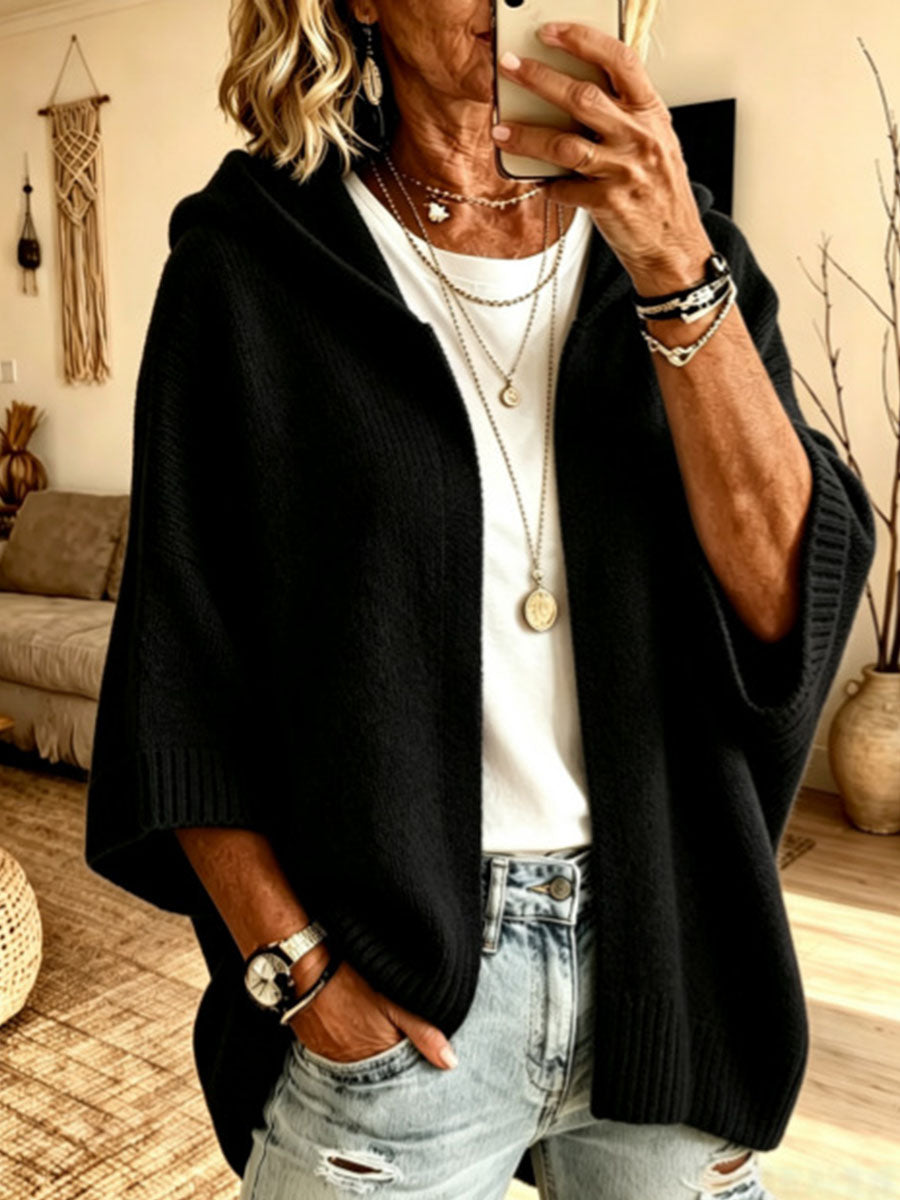 Women's Solid-Color V-Neck 3/4 Sleeve Loose-Fit Hooded Knit Cardigan