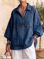 Half Zip Collared Lantern Sleeve Denim Jacket