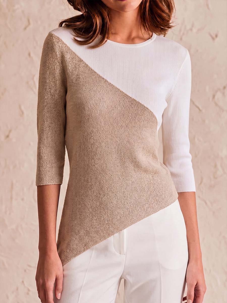 Women's Round Neck 3/4 Sleeve Casual Loose Color-blocked Pullover Knit Sweater