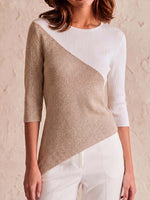 Women's Round Neck 3/4 Sleeve Casual Loose Color-blocked Pullover Knit Sweater