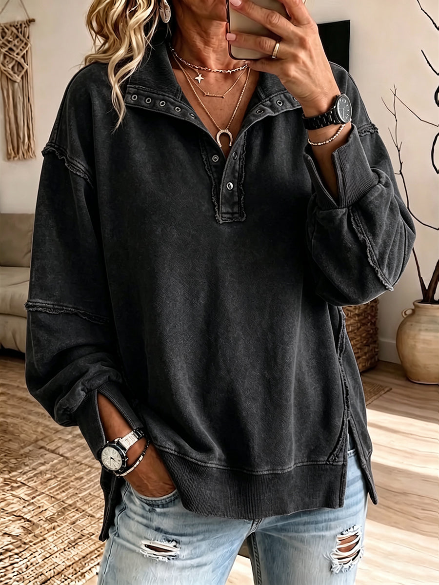 Casual Oversized Raw-edge Cotton Henley Sweatshirt