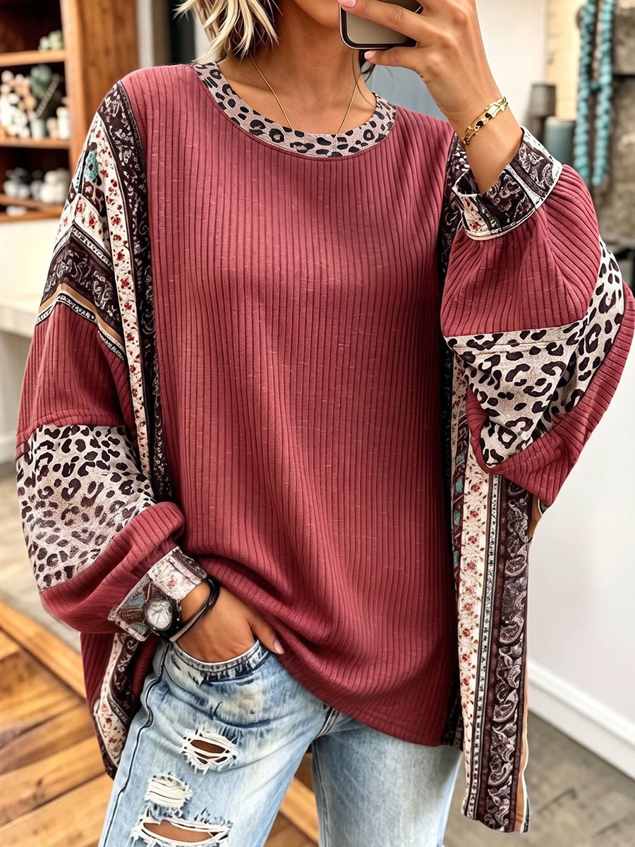 Boho Cozy Oversise Mixed-print Long-sleeve Top