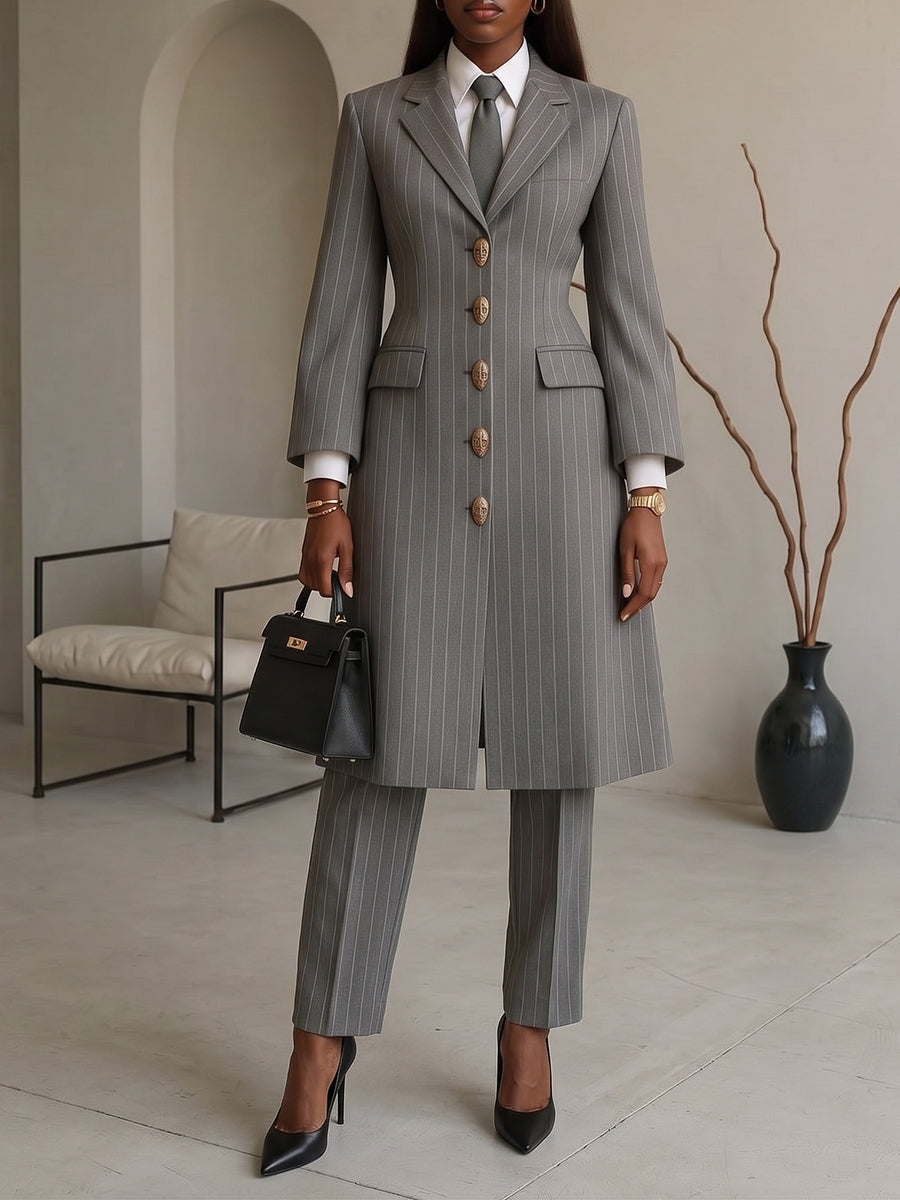 Chic Grey Pinstripe Tailored Coat and Pants Set