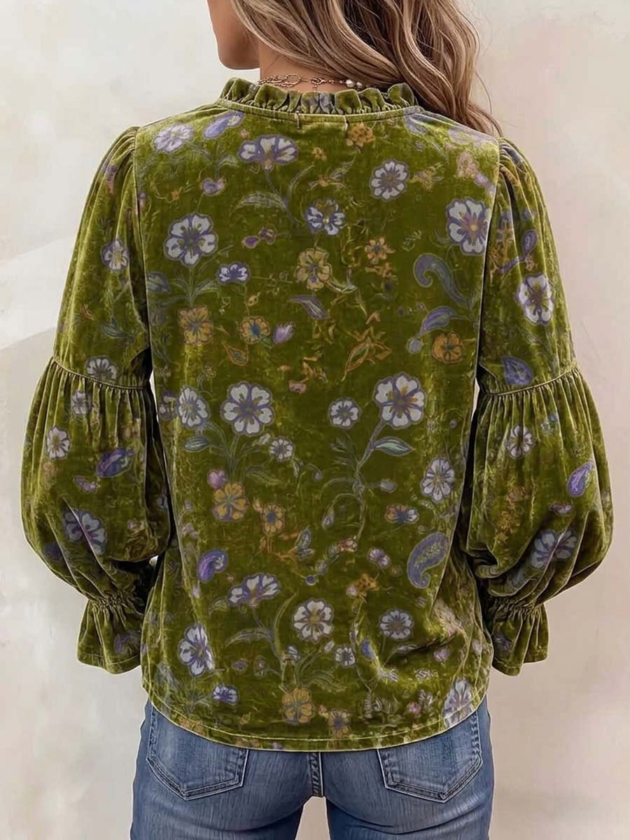 Women's V-neck Long-sleeve Casual Loose Vintage Floral Velvet Cardigan Top