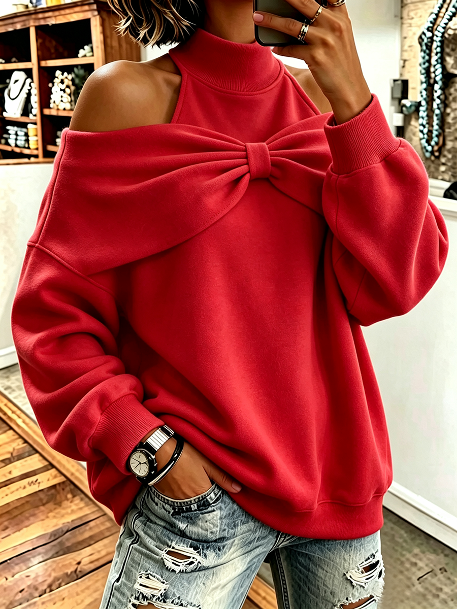 Chic Oversized Mock Neck Sweatshirt With Bow Detail