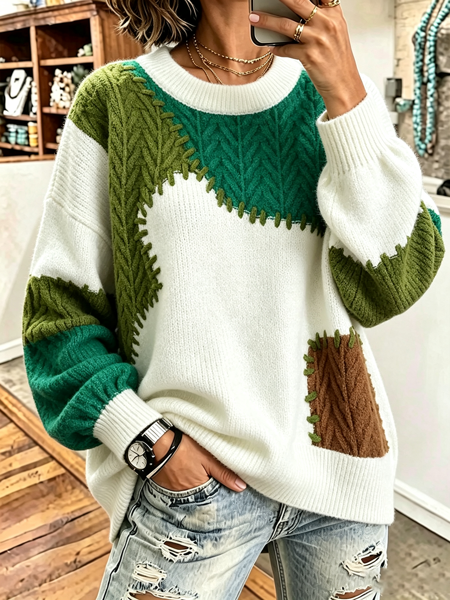 Cozy Trendy Colorblock Patchwork Knit Sweater