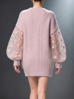 Elegant And Cozy Cable-knit Sweater Dress With Embroidered Floral Mesh Sleeves