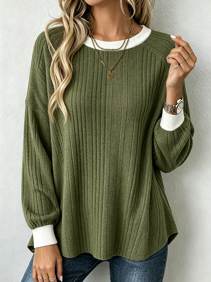 Cozy Chic Contrast Trim Ribbed Sweater