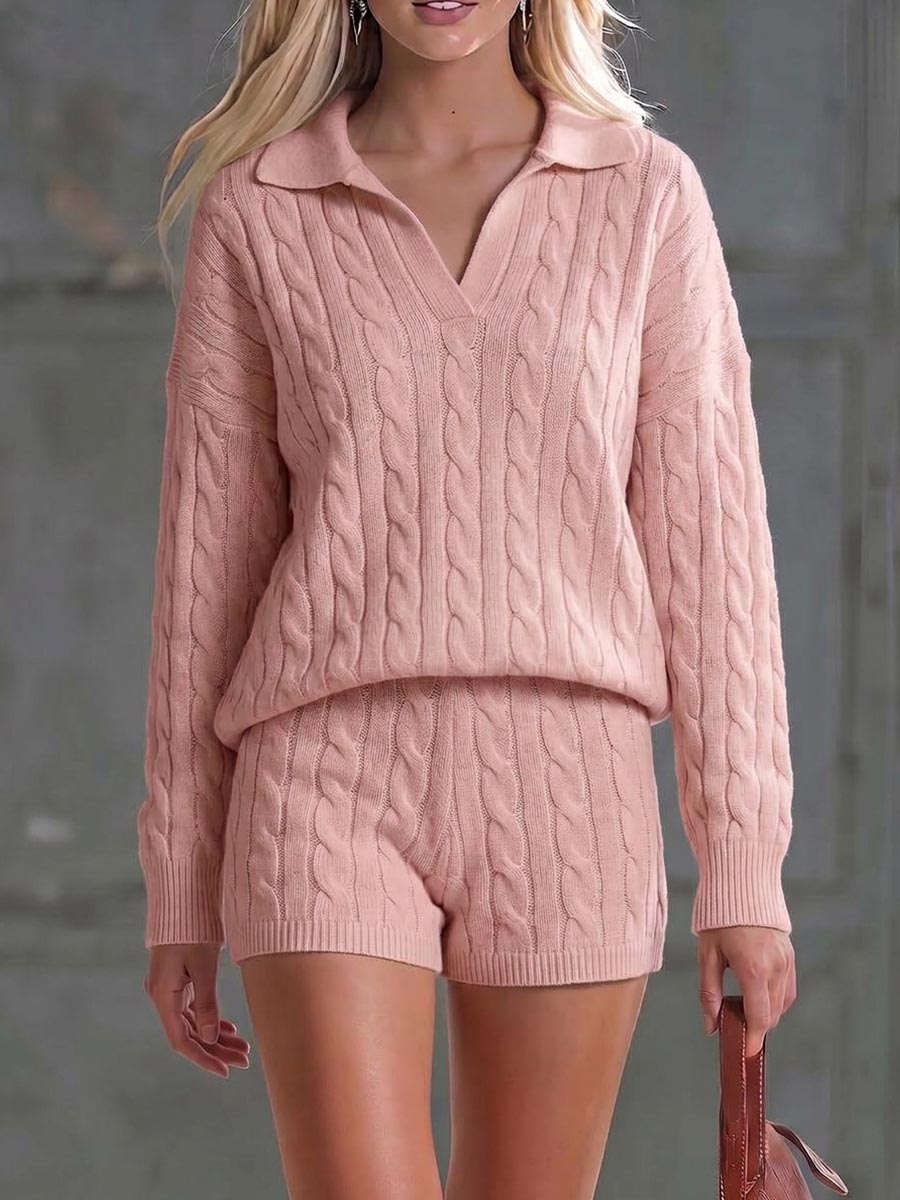 Women's Solid Color Collared Long-sleeved Casual Loose Knit Top And High-waisted Shorts Knit Set