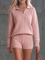 Women's Solid Color Collared Long-sleeved Casual Loose Knit Top And High-waisted Shorts Knit Set
