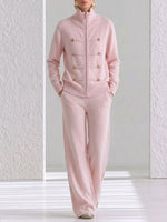 Women's Solid Color Stand Collar Long Sleeve Casual Loose Knit Top And High Waist Wide Leg Pants Knit Set