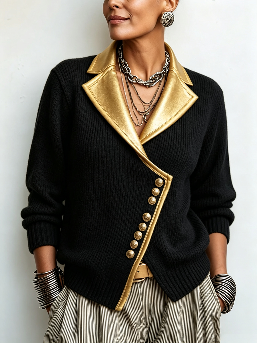 Chic Black Ribbed Knit Cardigan With Metallic Gold Lapels