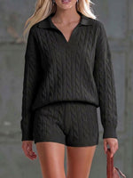 Women's Solid Color Collared Long-sleeved Casual Loose Knit Top And High-waisted Shorts Knit Set