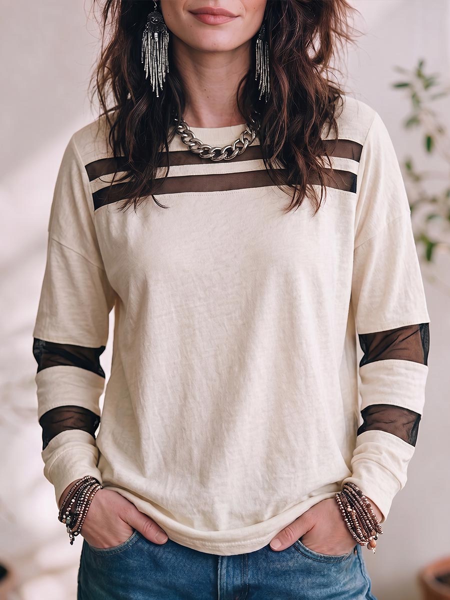 Women's Solid Color Round Neck Long-sleeved Color-blocked Mesh Patchwork Casual Loose Top