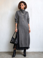 Asymmetric Side-button Turtleneck Cozy Midi Sweater Dress