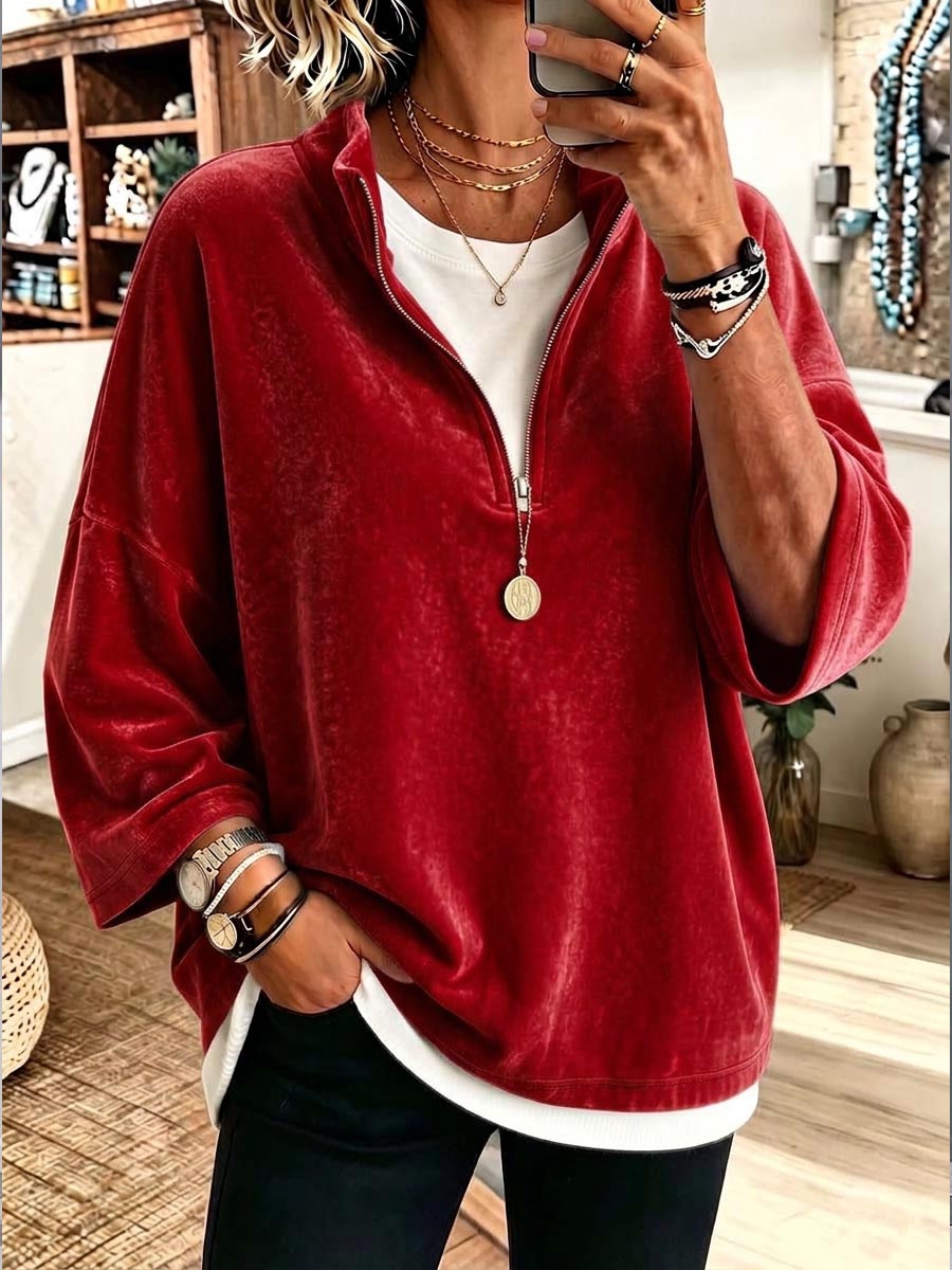 Women's Solid Color Stand Collar 3/4 Sleeve Casual Loose Velvet Pullover Top