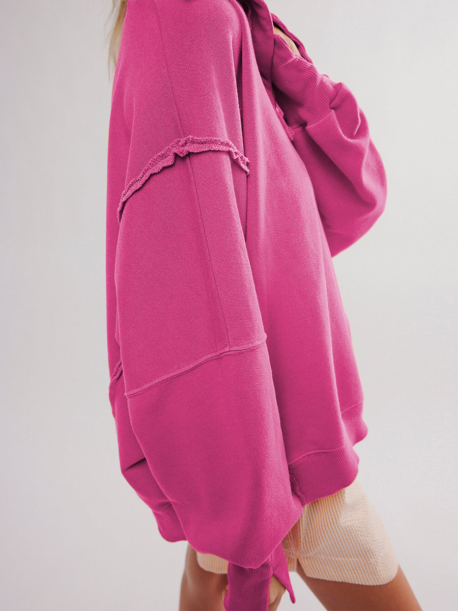 Casual Oversized Raw-edge Cotton Henley Sweatshirt