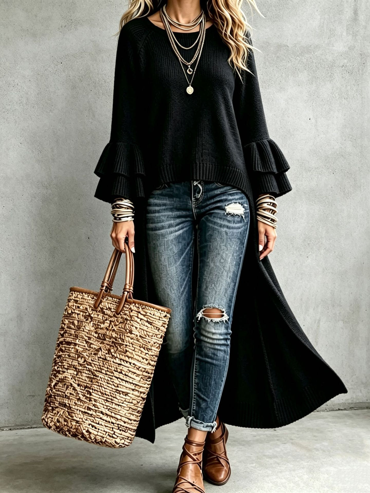 Chic Long-line Knitted Cardigan With Multi-layered Ruffled Sleeves