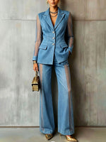 Chic Trendy Sheer-paneled Wide-leg Denim Pants