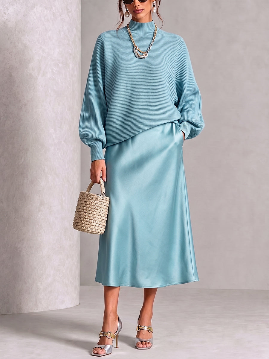Chic Aqua Blue Knit Sweater and Satin Skirt Set