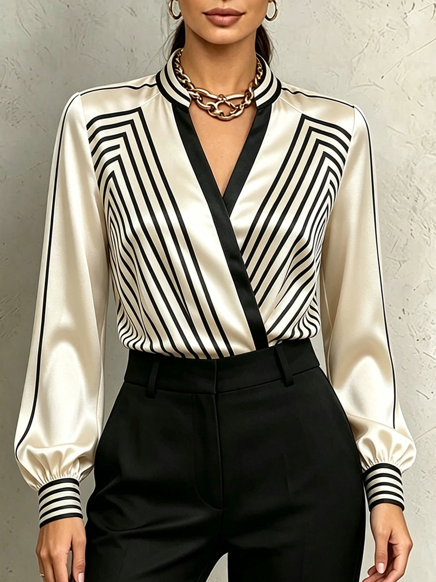 Chic Striped Satin Wrap Shirt