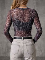 Stylish Mesh Crew-neck Leopard Print Slim-fit Top