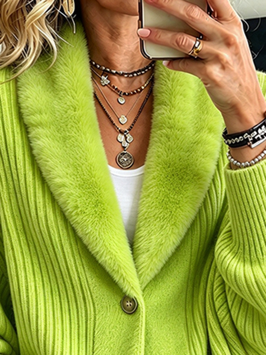 Relaxed Faux Fur Collar Ribbed Knitted Cardigan