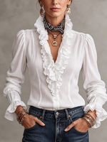 Elegant Ruffle Trim Ruffle Cotton Blend Top
