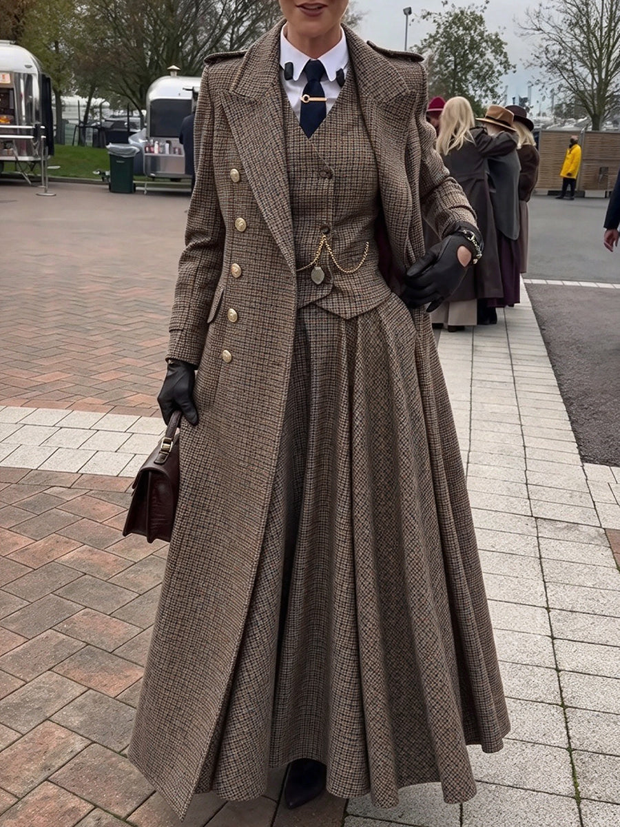 Vintage-style Long Plaid Wool-blend Coat