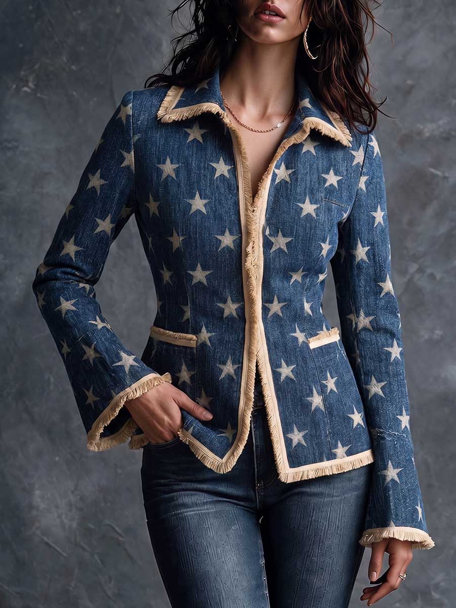 Women's Classic Star Print Collared Long Sleeve Casual Loose Denim Jacket