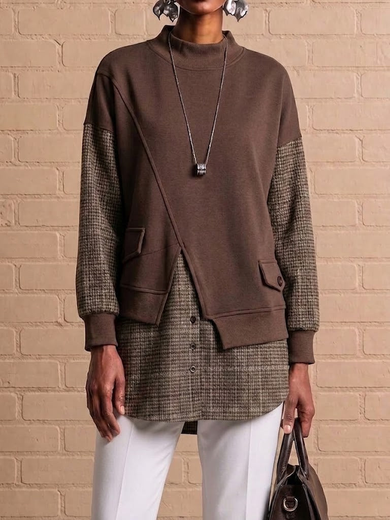 Asymmetric Pocket "faux-layered" Top With Mixed Plaid Panels