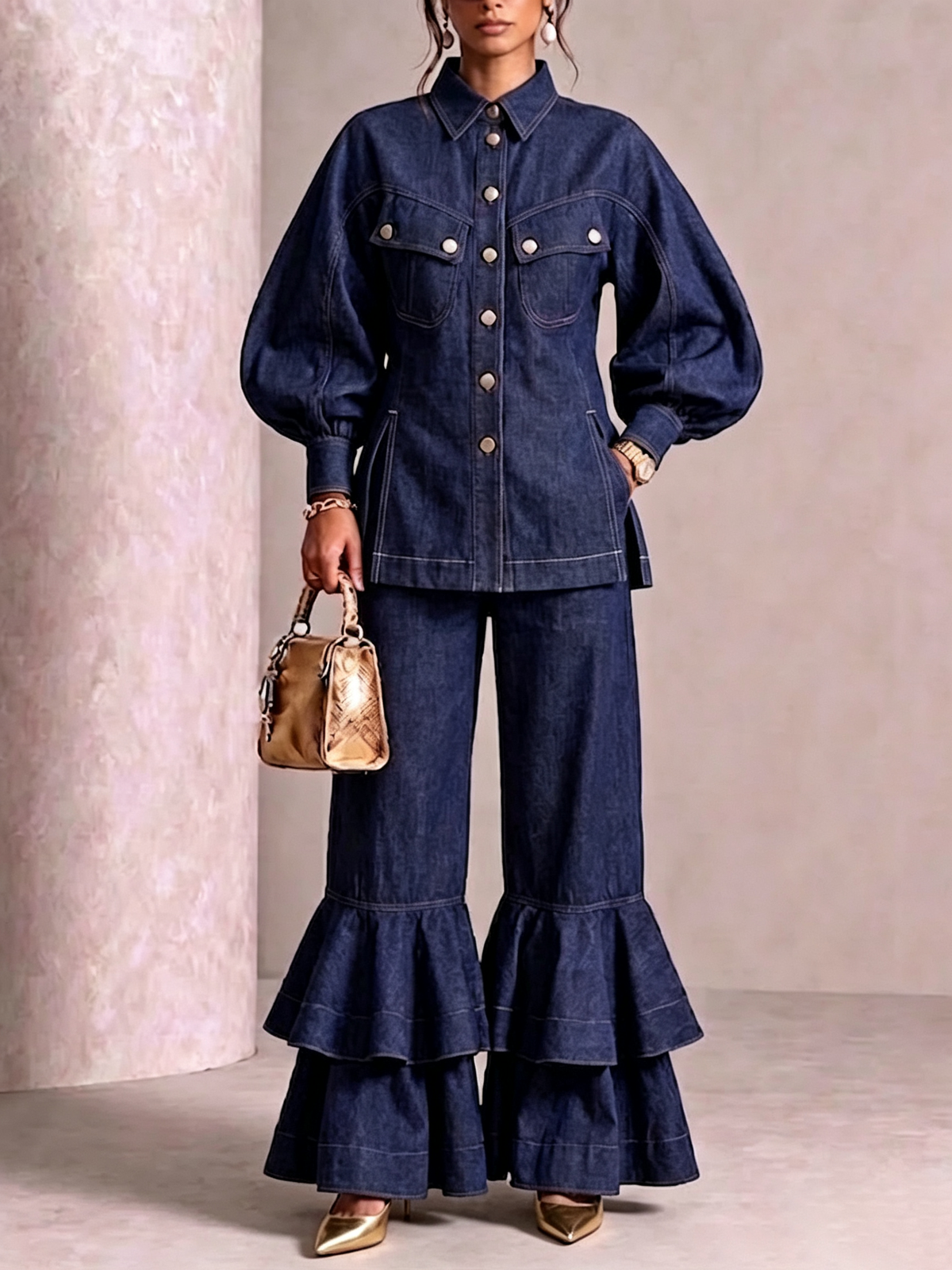 Puff‑sleeve Stitched Denim Top & Tiered Ruffle Flare Pants Set
