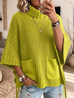 High-neck, Wide-sleeve Knitted Cape Top With Pockets