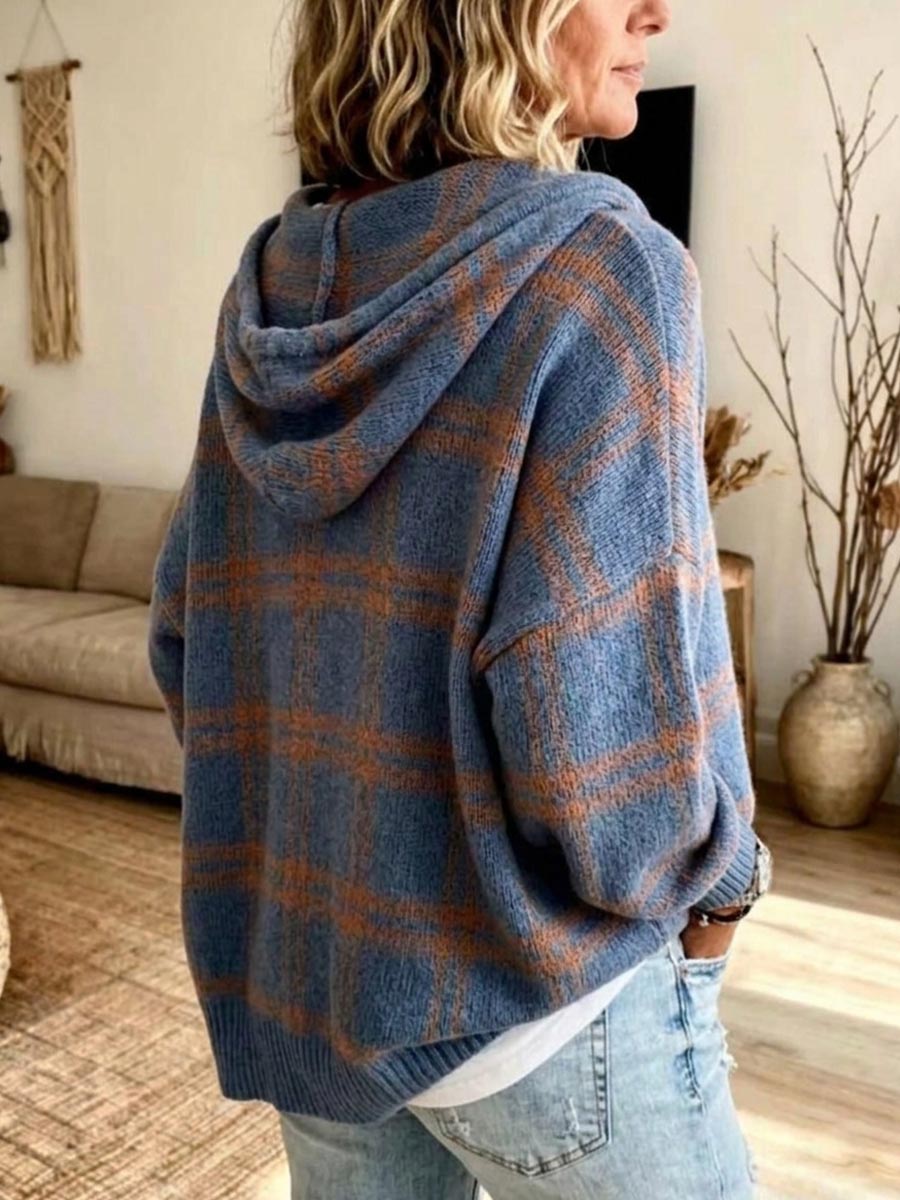 Women's Casual Plaid Hooded Long Sleeve Knit Sweater