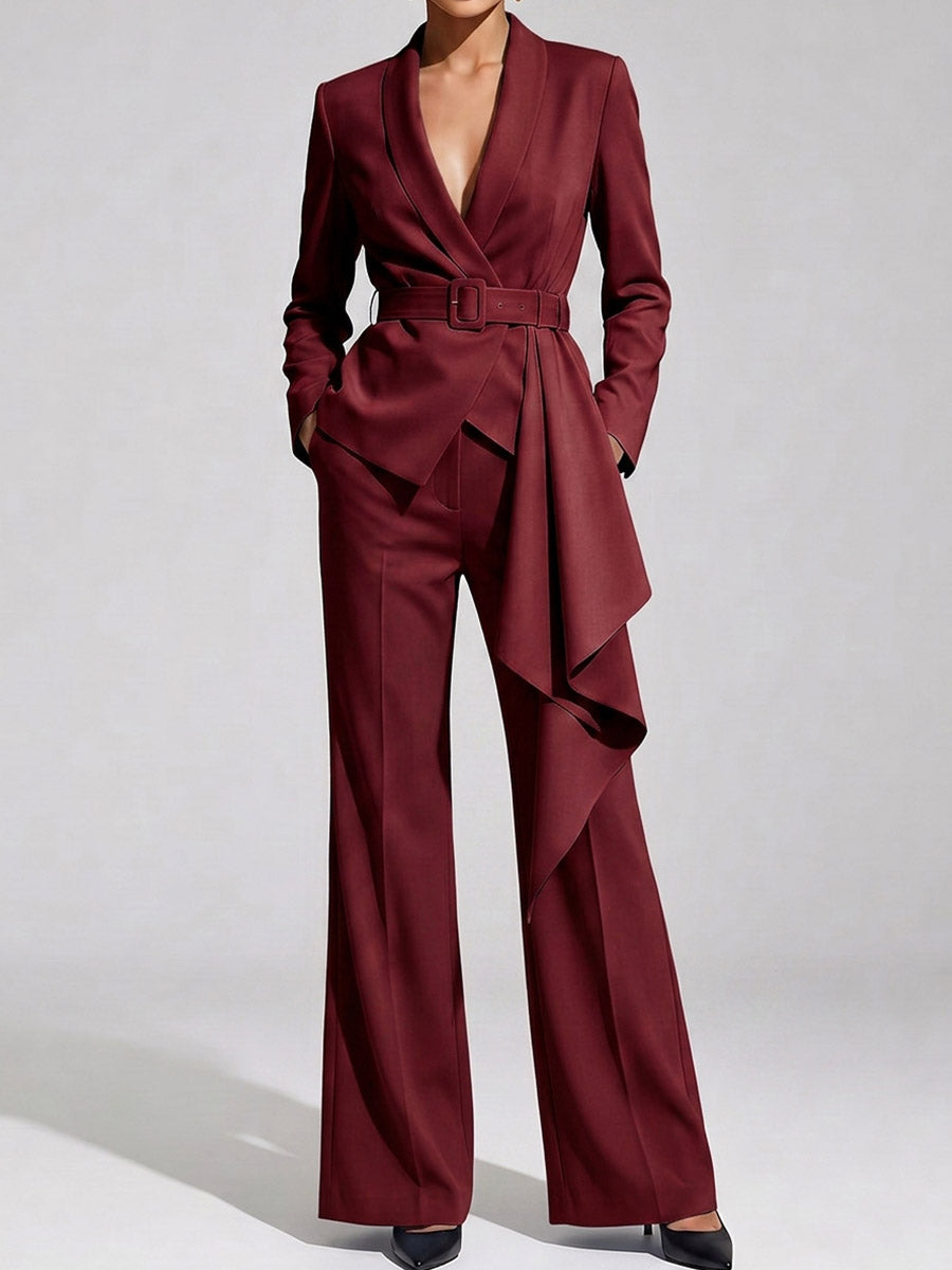 Women's Solid Color Lapel Long Sleeve Casual Loose Fit Suit High Waist Wide Leg Pants Set