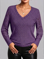 Women's V-neck Lace-trimmed Long-sleeved Casual Loose Pullover Knit Top