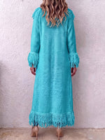 Boho Turquoise Fringe Trim Open-Front Knit Duster Cardigan