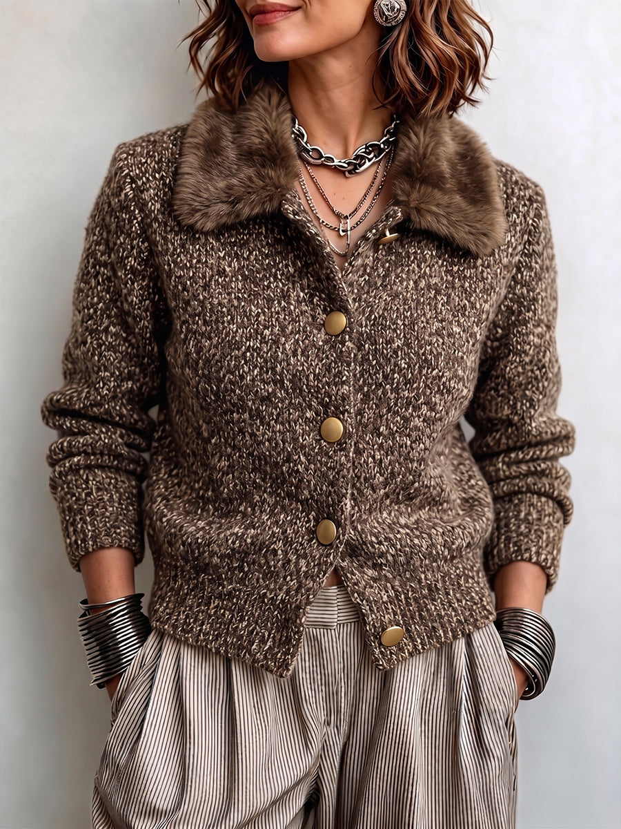 Plush Collar Button-Front Knit Cardigan