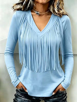 Women's Solid Color V-neck Long-sleeve Loose Casual Tassel Top