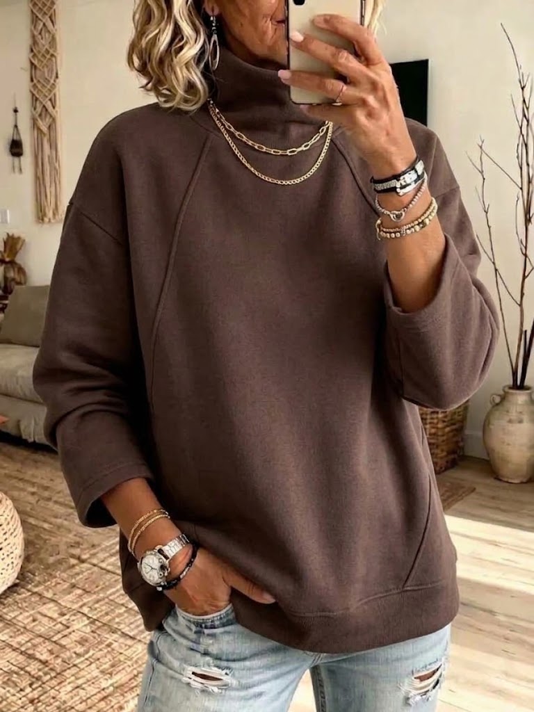 Solid-color Casual Sweatshirt With A Mock Neck And Raglan Sleeves