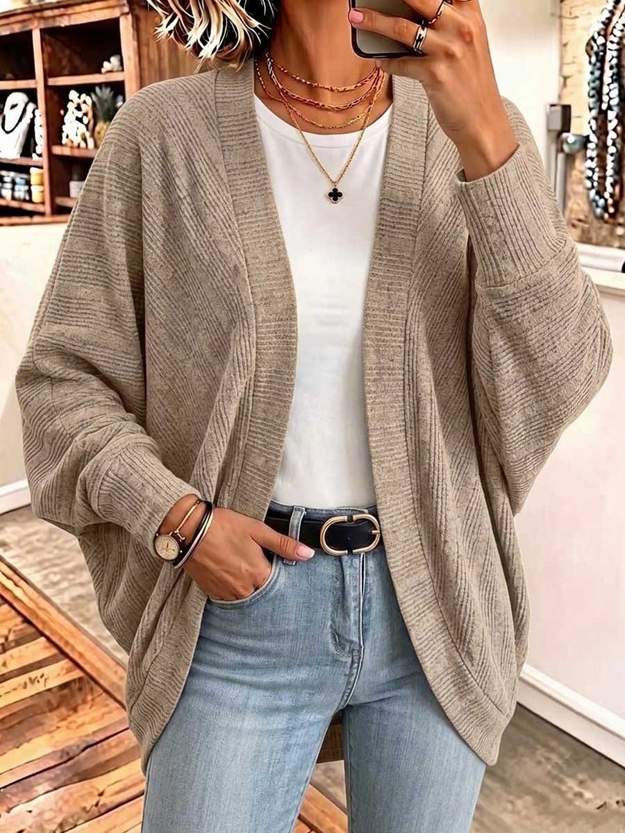 Women's Solid Color V-neck Long Sleeve Casual Loose Knit Cardigan