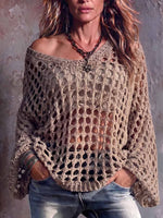 Women's Solid Color V-neck Long-sleeved Casual Loose-fitting Openwork Knit Pullover