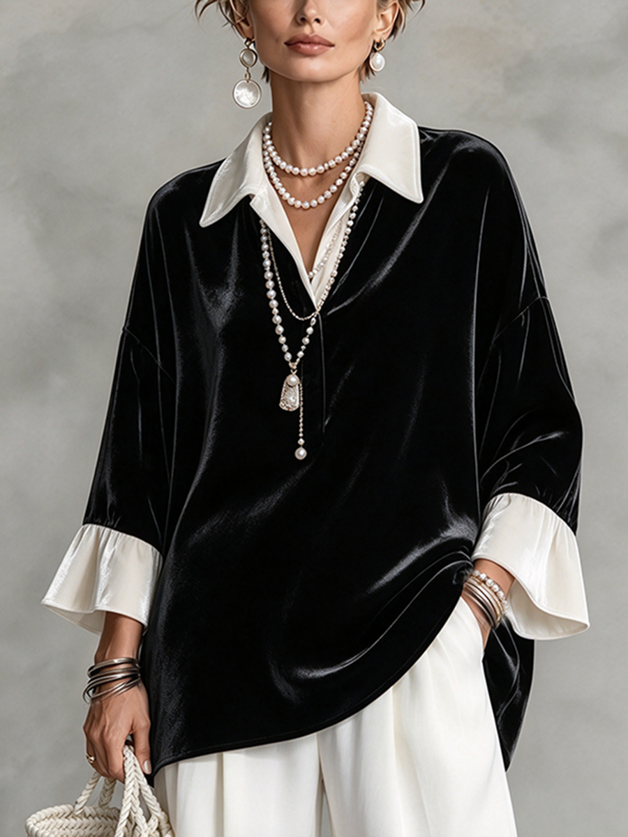 Chic Contrast Collar And Cuffs Velvet Blouse